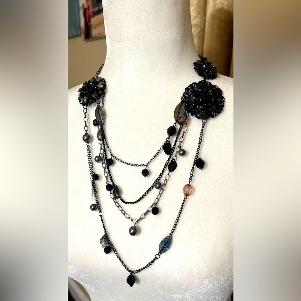 Bohemian Style Multi Layered Strains Black Floral… - image 1